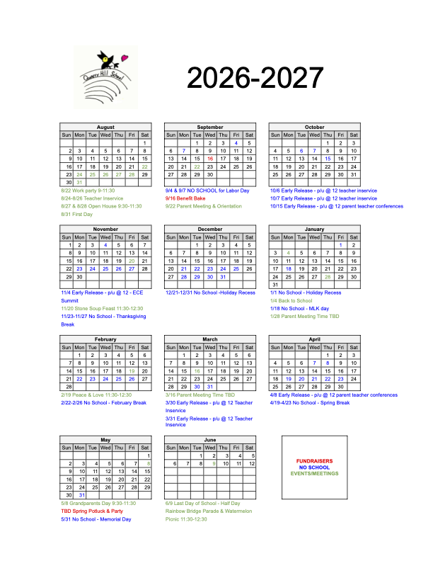 Academic Year Calendar — Quarry Hill School, Middlebury VT